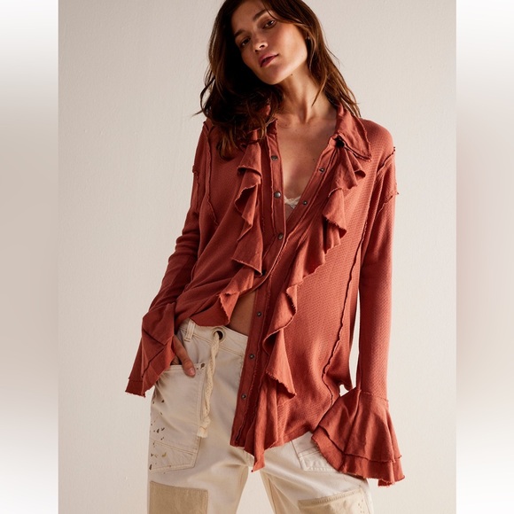 Free People Tops - Free People We‎ The Free Feelin' Fresh Shirting Cotton Ruffle-Front Warm Stone S